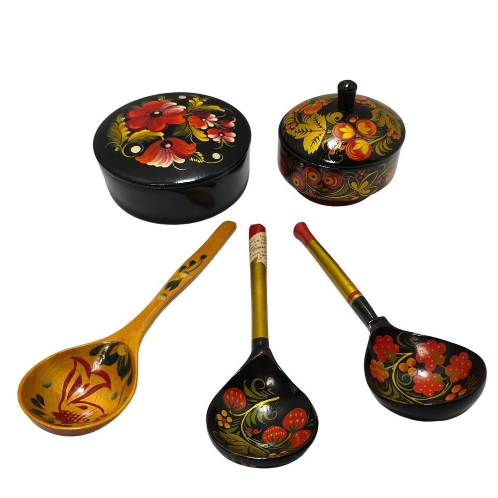 Vintage Russian Khokhloma Lacquerware Set 2 Lidded Boxes 3 Spoons Hand Painted